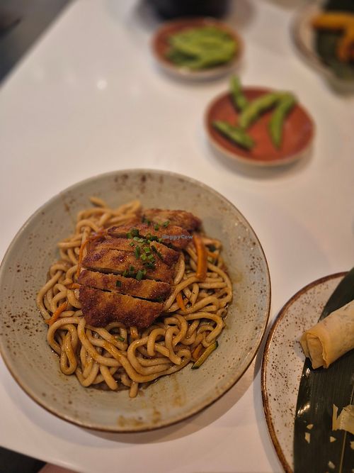 Udon with vegan chick'n. Edamame and springrolls at UDON in Andalucía