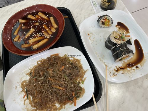 Tteok-bokki, gimbap and japchae   at Kimchee in Christchurch