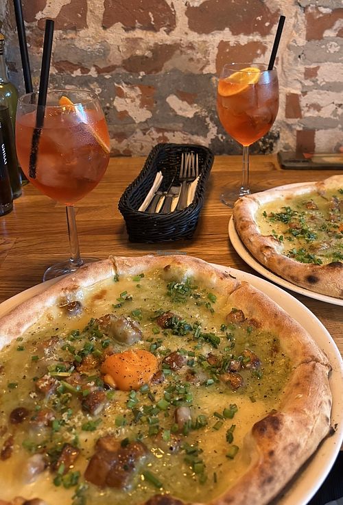 vegan potato cheese and sweet potato egg and aperol-like lemonadee   at Feliczita in Województwo łódzkie