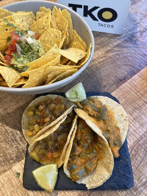 Chips & guac, zucchini tacos , nopales tacos   at TKO SEVILLA in Andalucía