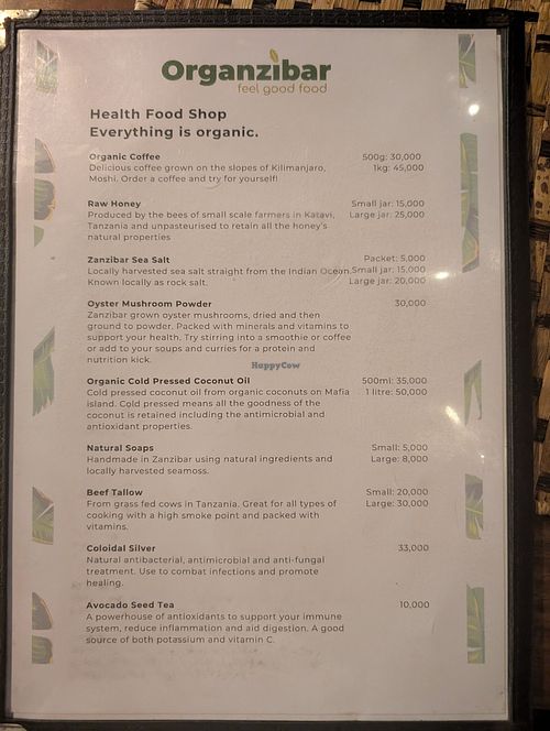 Menu at Organzibar in Zanzibar