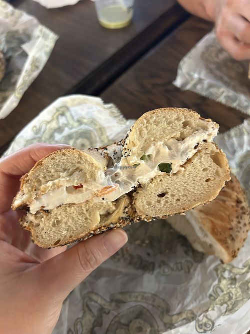 Everything bagel with tofu vegetable cream cheese  at Bagel Pub - University Place in New York