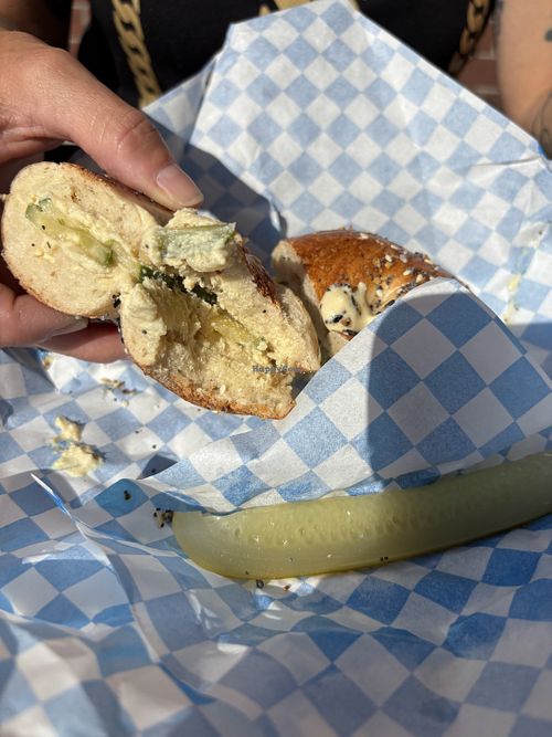Vegan bagel with a vegan cucumber topping with cream cheese   at Joshy's Good Eats in Hamilton