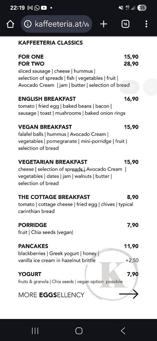 Menu at Coffee Roaster Kaffeeteria in Kärnten