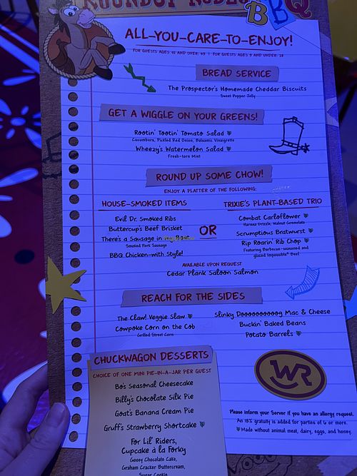 Allergy menu with vegan options for all courses—you get all of this food for the price   at Roundup Rodeo BBQ in Lake Buena Vista