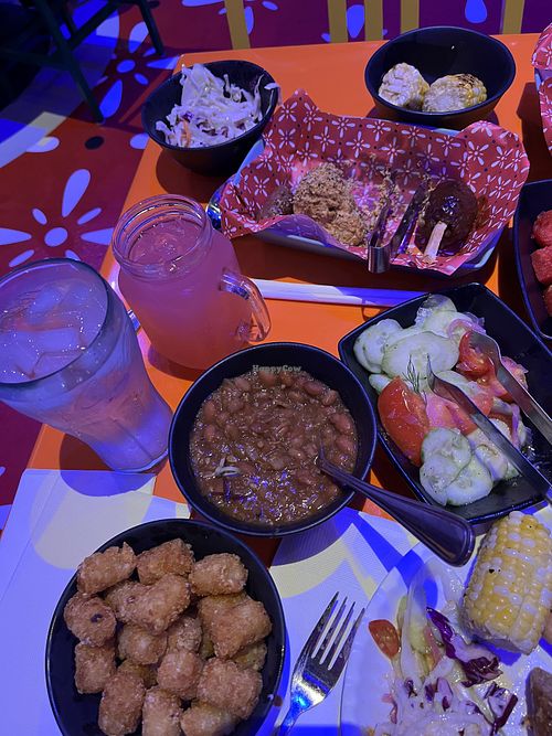 Beans, slaw, corn, cauliflower, and vegan sausage   at Roundup Rodeo BBQ in Lake Buena Vista
