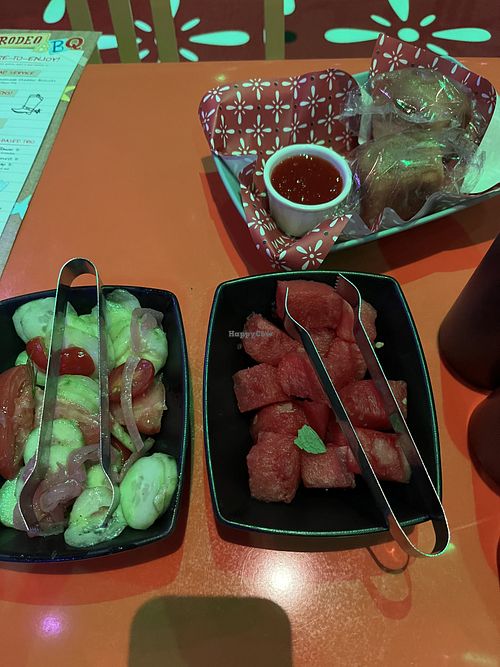 Starter salad and watermelon with vegan breadd  at Roundup Rodeo BBQ in Lake Buena Vista