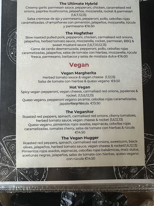 Vegan Menu  at The Claddagh Wood Fired Pizzeria in Comunidad Valenciana