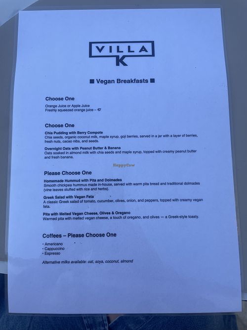 Vegan breakfast menu  at Villa K Corfu in Corfu