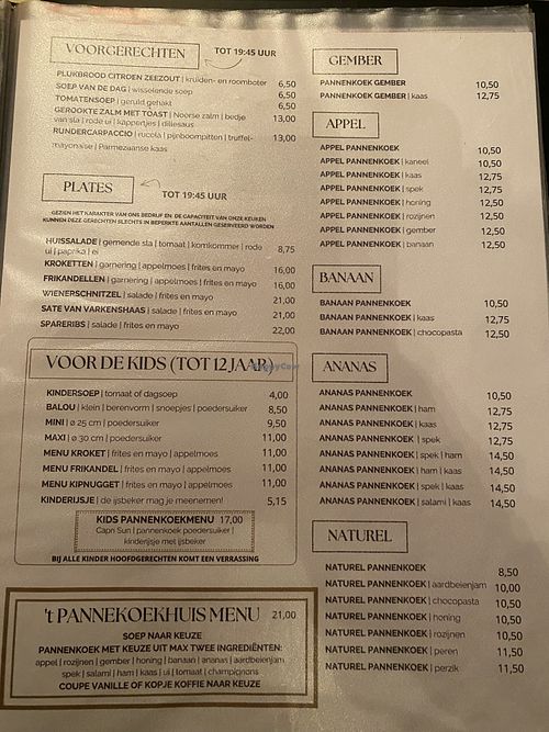 Deel van de menukaart  at 't Pannekoekhuis Hoenderloo in Gelderland