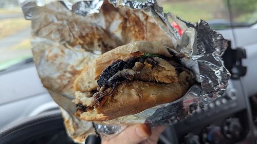 Terrible photo of mushroom melt burger at Greenleaf Vegan Kitchen in Roanoke