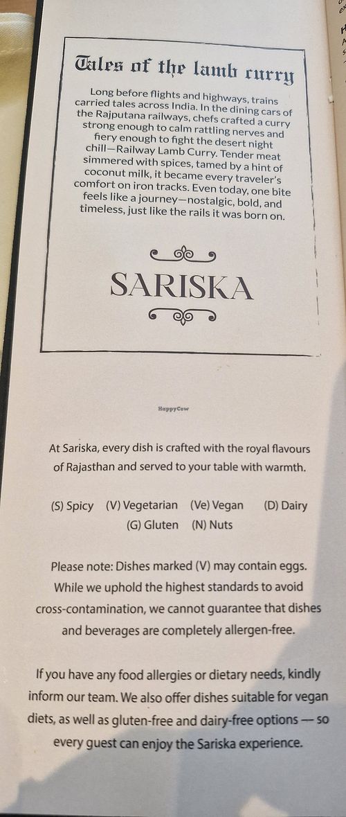 Menu at Sariska in England