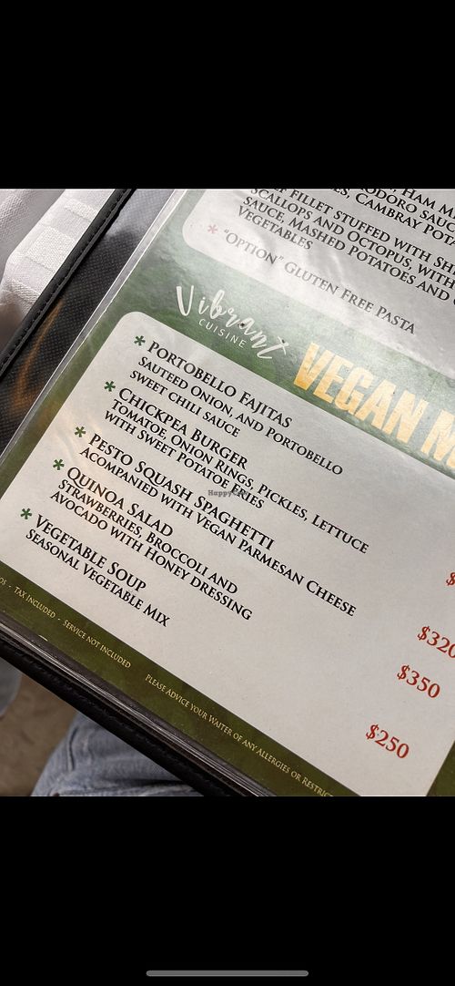 Vegan section of menu   at Vibrant Cabo San Lucas Marina Restaurant in Baja California Sur
