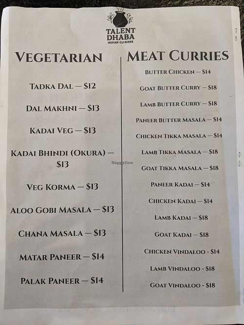 Menu at Talent Dhabha in Talent