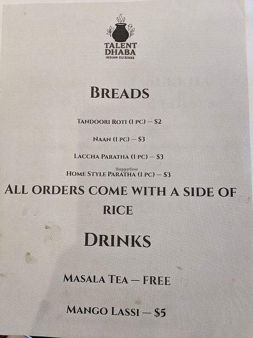 Menu at Talent Dhabha in Talent