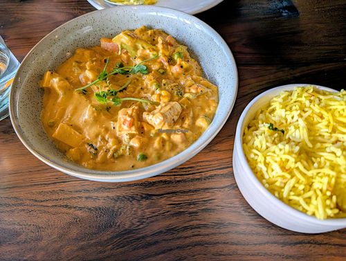 Coconut curry (vegan option) and saffron rice. The curry included tofu. 28 September 2025 at Tamarind in Brighton