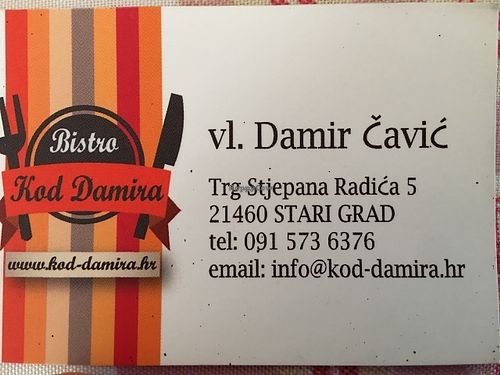 Business card of the Bistro Kod Damira at Kod Damira in Stari Grad