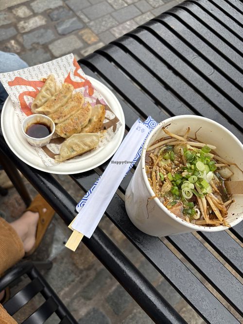 Vegetable gyoza and tofu udon   at Okan Kiosk Food Truck in London