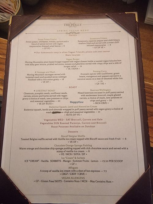 Vegan menu 3rd June 2026 at The Folly in Towcester