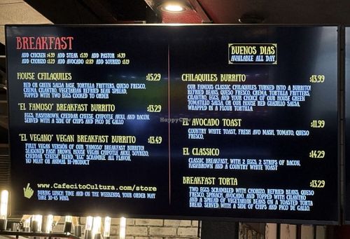 Menu  at Café Cultura in Fullerton
