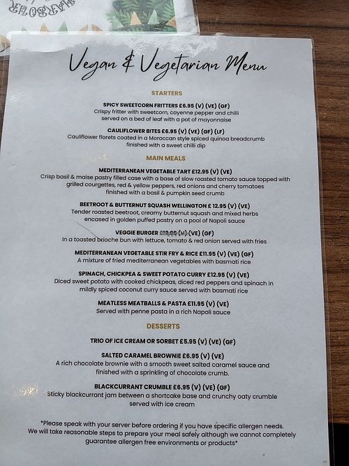 Separate menu at Harbour Lights Inn in South Shields