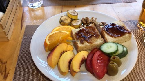 A plare of vegan food from the breakfast buffet at GURRA FAMILY RESTAURANT in Shkodër County