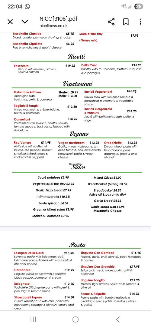 Menu at Nicolino's Italian Restaurant in England