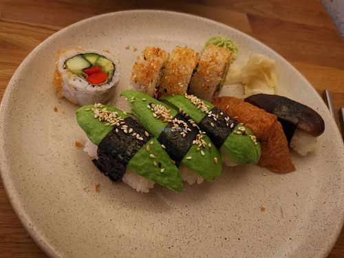 Vegan sushi selection: 4 maki, 3 avocado, 1 tofu, 1 mushroom. at Helens Sushi in Stockholm