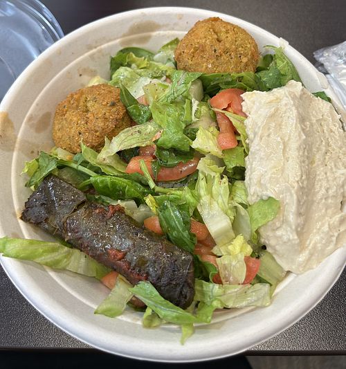 Appetizer bowl with falafel, hummus, and grape leaf   at Rosewater Middle Eastern Grill - ماء ورد in Pittsburgh