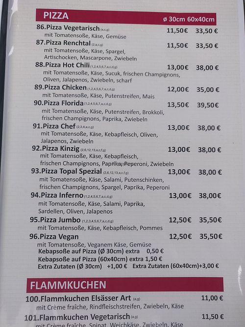 Nr. 96 - Pizza Vegan: with tomato sauce, vegan cheese and vegetables. at Topal Kebaphaus estd. 2003 in Baden-württemberg