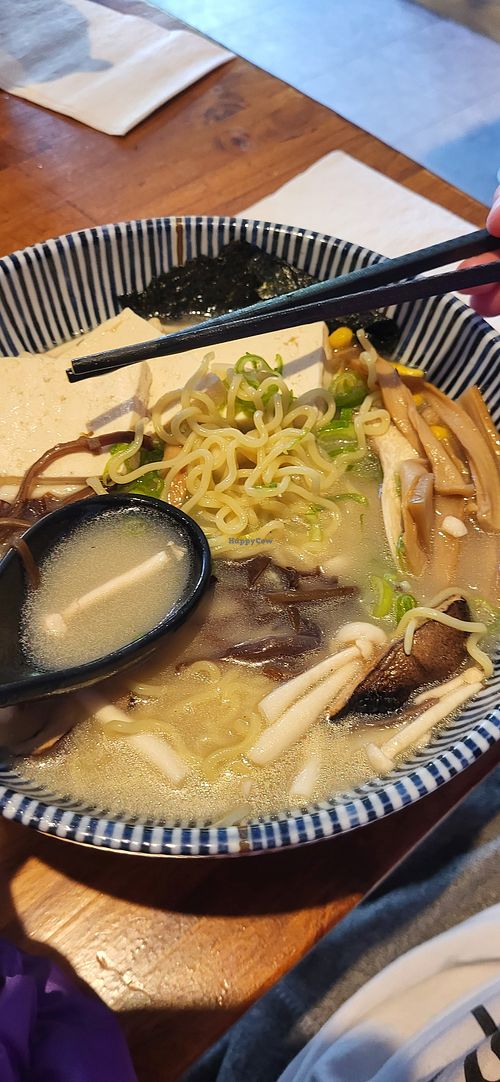 Vegan Creamy mushroom broth with "original" style toppings at Momo Ramen & Izakaya in Fredericton