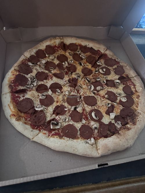 Vegan pizza with cheese, pepperoni and mushrooms   at Ledos Pizza Co. in Columbus