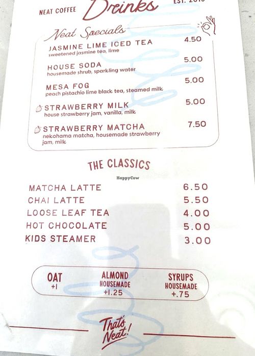 Menu  at Neat Coffee in Costa Mesa