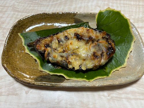 Nasu with vegan cheese at Sanzui Kawabeno Juku in Taiki Town