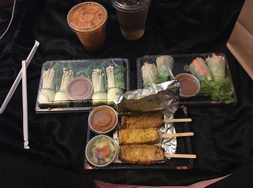 in this photo we have the sate, summer rolls, and the green energy roll i believe. all super tasty. at Happy Elephant Vegan in Long Beach