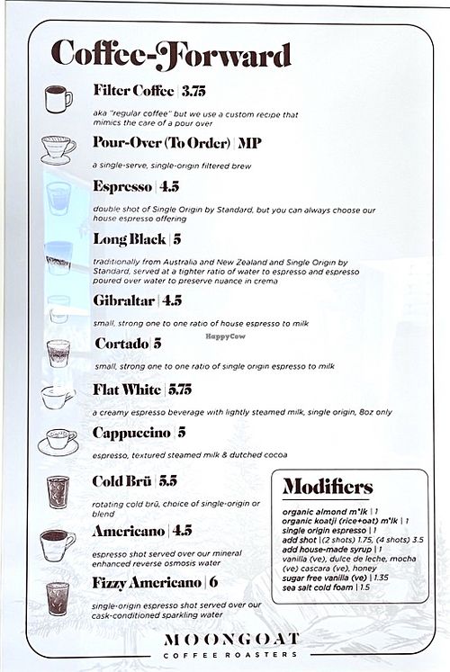 Menu  at Moongoat Coffee Roasters in Irvine