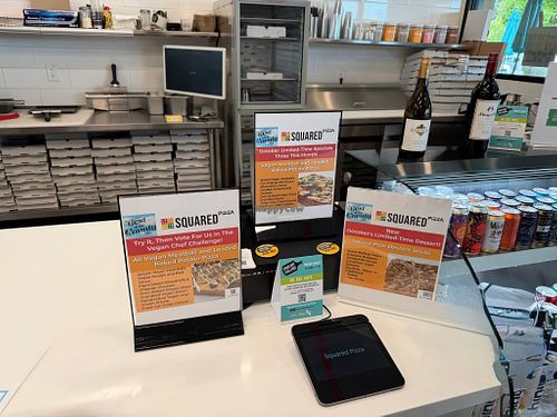 Signage for Marin Vegan Chef Challenge at Squared Pizza in Greenbrae