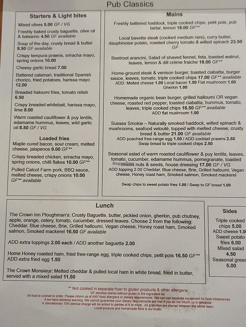 General menu at The Crown Inn in England