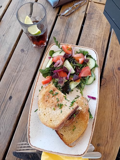 Mushroom, cheeze and spinach toastie with salad at Phoenix Cafe Bar in Exeter