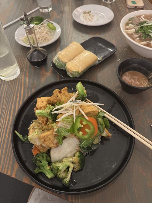 Vegan Tofu Spring Rolls (top) // Tofu & Vegetable Chow Mein w/ rice noodle  at LeQuy in San Francisco