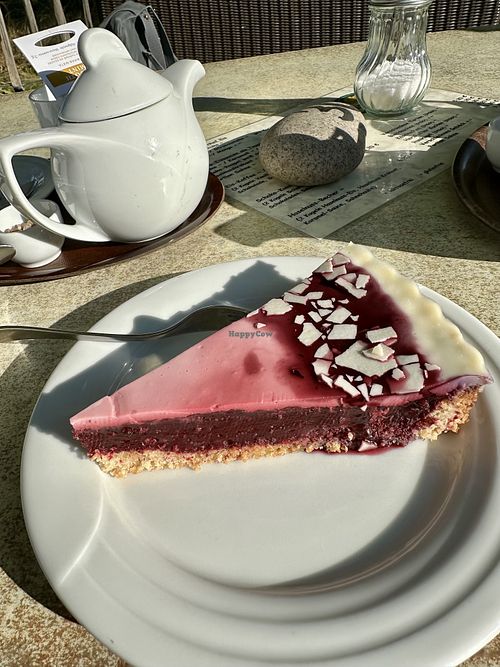 Blackberry-white chocolate-coconut tart  at Flora Café in Schleswig-holstein