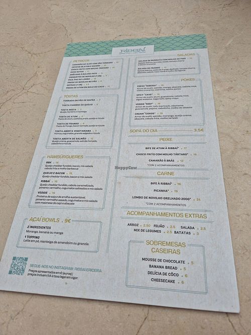 Menu with vegan options at RIBBAÍ Ribeira d'Ilhas in Lisboa