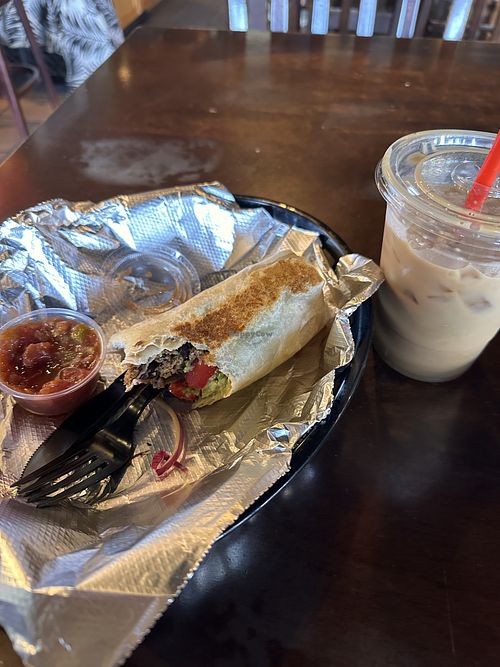 Vegan Chorizo Breakfast Burrito and Pumpkin Spice Latte with Soy Milkk  at Deer Creek Coffee in St Louis