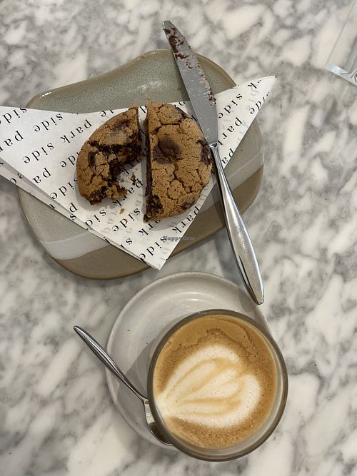 Vegan cookie sandwich & oat decaff flat white   at Park Side in Cardiff