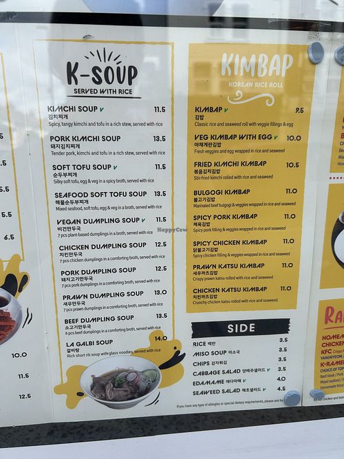 Vegan menu options.  at Little Korea in London