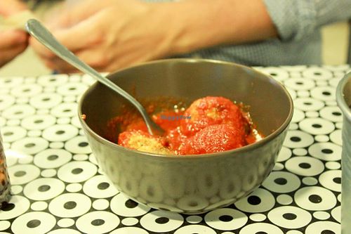 "meat" balls in tomato sauce at Vegan Rock in Sevilla