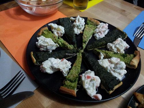 Spinach Tarte, Broccoli Tarte (probably..), and potato-mayo salad. All great! at Vegan Rock in Sevilla