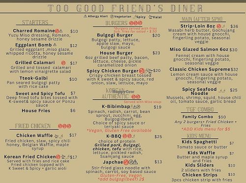 Menu  at Too Good Friend's Diner in Acton