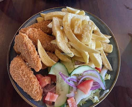 Vegan chicken strips with chips  at The Bellrock Restaurant in Arbroath