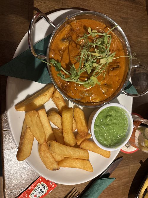 Mushroom stroganoff with extra mushy peas  at The Ship, Coniston in Coniston